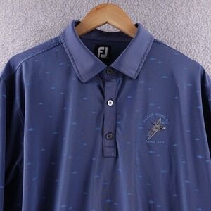 FJ FootJoy‎ Mens XL Golf Polo Shirt Blue Fish Print Luke AFB Embroidered Stretch